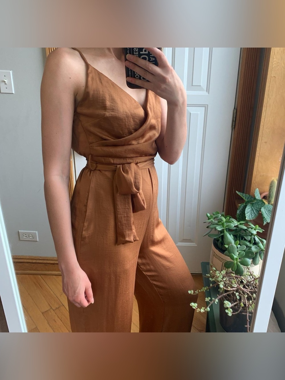 Sleeveless Wrap Jumpsuit with Self Tie Waist in Rust (Size S)